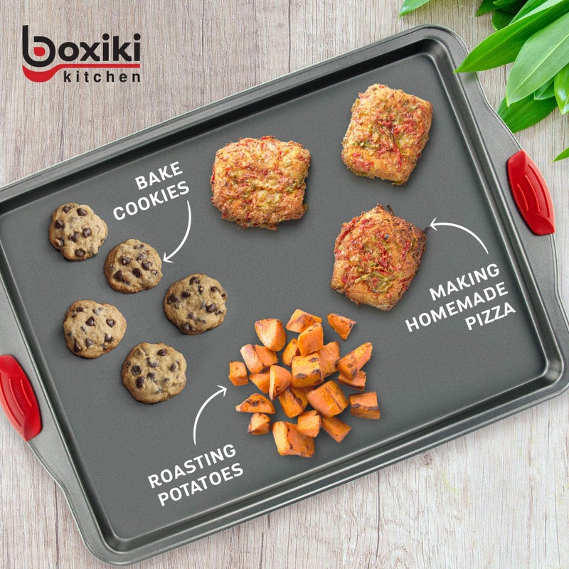 Boxiki Kitchen صينية خبز وبسكويت غير لاصقة من بوكيكي مطبوخة من الصلب الكربوني 11x14 بوصة مع حواف. مقاومة للانبعاج والتشوه والصدأ. صينية خبز للفرن من الصلب الثقيل. 1 صينية. - Image 2